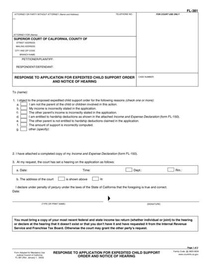 View FL-381 Response to Application for Expedited Child Support Order and Notice of Hearing form