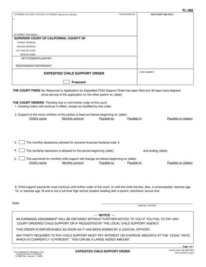 View FL-382 Expedited Child Support Order form