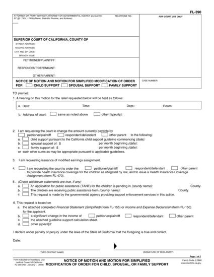 View FL-390 Notice of Motion and Motion for Simplified Modification of Order for Child, Spousal, or Family Support form