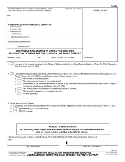View FL-392 Responsive Declaration to Motion for Simplified Modification of Order for Child, Spousal, or Family Support form