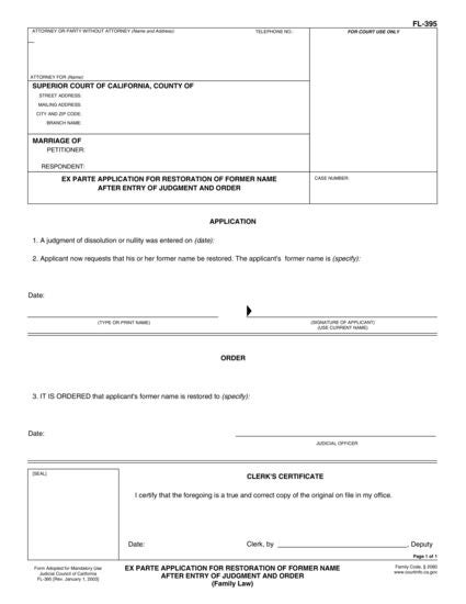 View FL-395 Ex Parte Application for Restoration of Former Name After Entry of Judgment and Order form