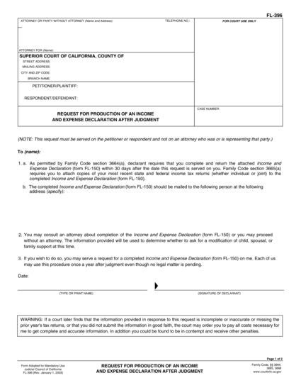 View FL-396 Request for Production of an Income and Expense Declaration After Judgment form