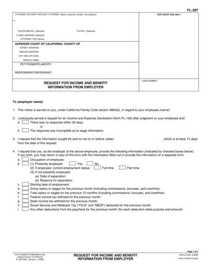 View FL-397 Request for Income and Benefit Information From Employer form