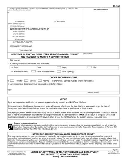View FL-398 Notice of Activation of Military Service and Deployment and Request to Modify a Support Order form