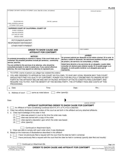 View FL-410 Order to Show Cause and Affidavit for Contempt form
