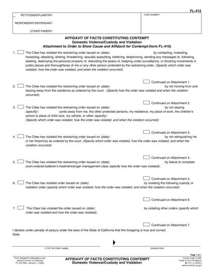 View FL-412 Affidavit of Facts Constituting Contempt (Domestic Violence/Custody and Visitation) form