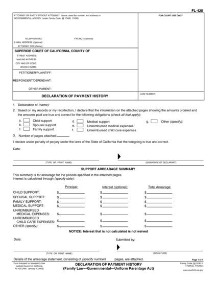 View FL-420 Declaration of Payment History (Governmental—Uniform Parentage Act) form