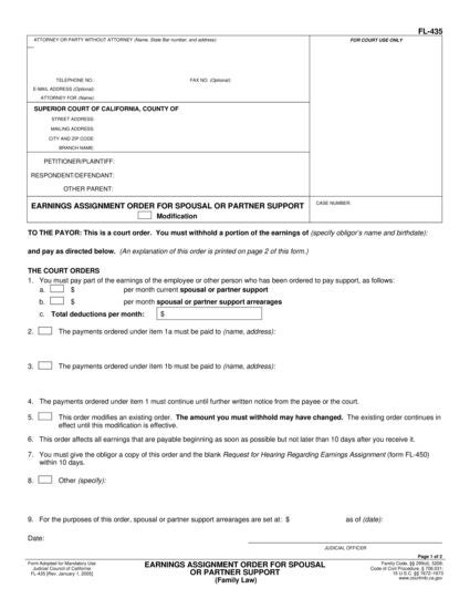 View FL-435 Earnings Assignment Order for Spousal or Partner Support form