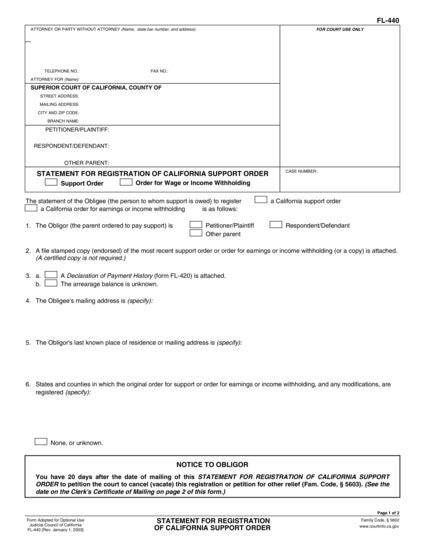 View FL-440 Statement for Registration of California Support Order form