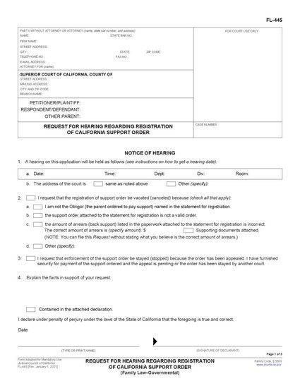 View FL-445 Request for Hearing Regarding Registration of California Support Order (Family Law-Governmental) form