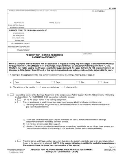 View FL-450 Request for Hearing Regarding Earnings Assignment (Governmental—UIFSA) form