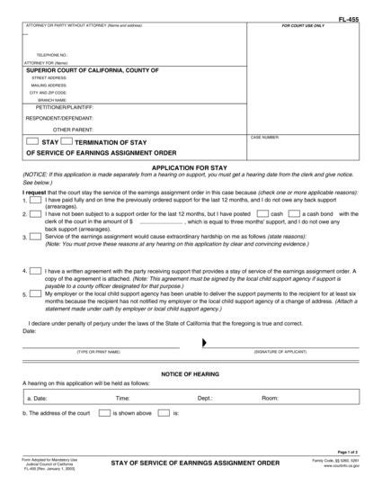View FL-455 Stay of Service of Earnings Assignment and Order form