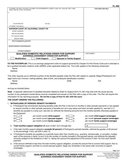 View FL-460 Qualified Domestic Relations Order for Support (Earnings Assignment Order for Support) form