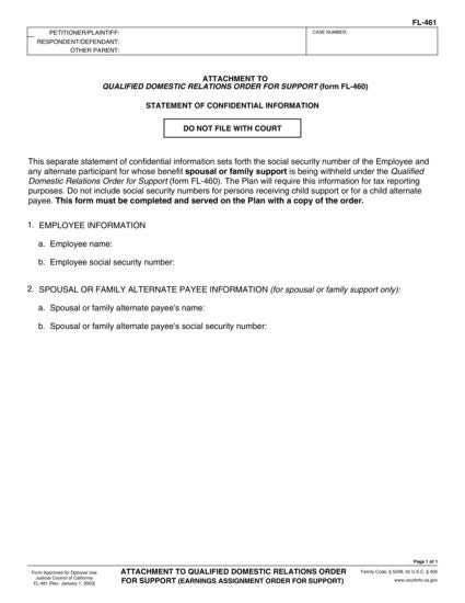 View FL-461 Attachment to Qualified Domestic Relations Order for Support (Earnings Assignment Order for Support) form