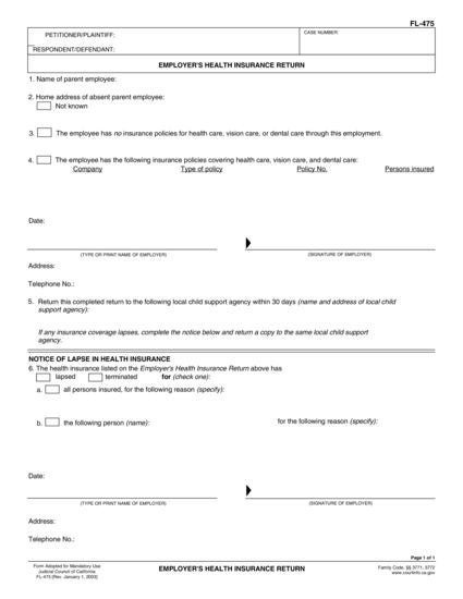 View FL-475 Employer's Health Insurance Return form