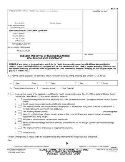 View FL-478 Request and Notice of Hearing Regarding Health Insurance Assignment form
