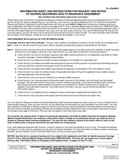 View FL-478-INFO Information Sheet and Instructions for Request and Notice of Hearing Regarding Health Insurance Assignment form