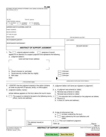 View FL-480 Abstract of Support Judgment form