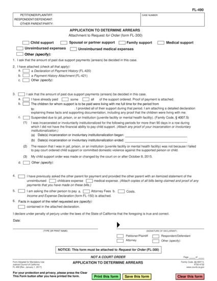 View FL-490 Application to Determine Arrears form