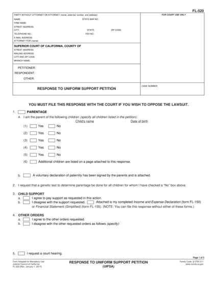 View FL-520 Response to Uniform Support Petition (UIFSA) form