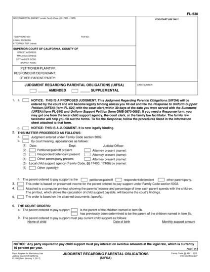 View FL-530 Judgment Regarding Parental Obligations (UIFSA) form
