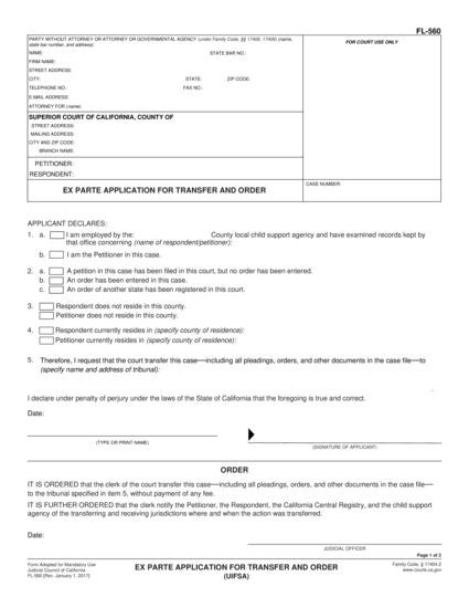 View FL-560 Ex Parte Application for Transfer and Order (UIFSA) form