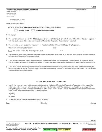View FL-570 Notice of Registration of Out-of-State Support Order form