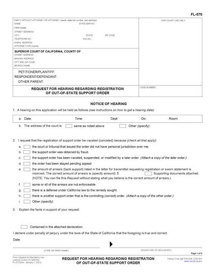 View FL-575 Request for Hearing Regarding Registration of Out-Of-State Support Order form