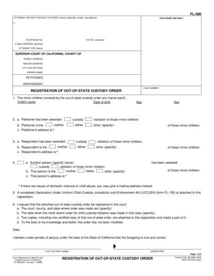 View FL-580 Registration of Out-of-State Custody Order form