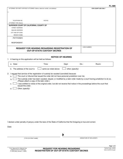 View FL-585 Request for Hearing Regarding Registration of Out-of-State Custody Decree form