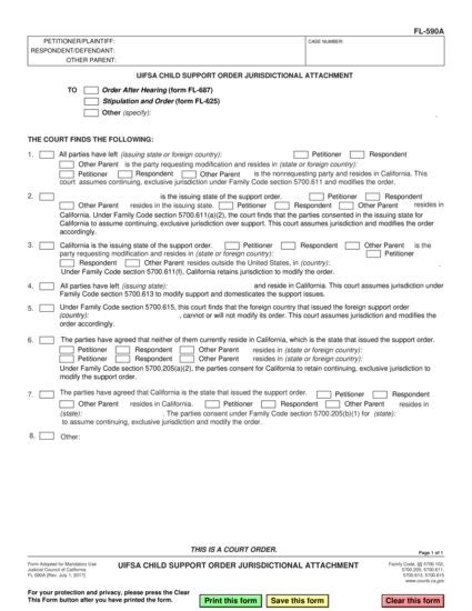 View FL-590A UIFSA Child Support Order Jurisdictional Attachment form