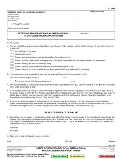 View FL-592 Notice of Registration of an International Hague Convention Support Order form