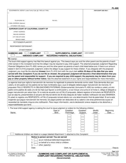 View FL-600 Summons and Complaint or Supplemental Complaint Regarding Parental Obligations (Governmental) form