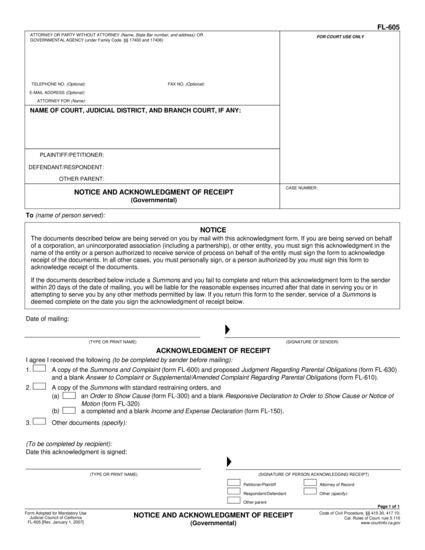 View FL-605 Notice and Acknowledgment of Receipt form