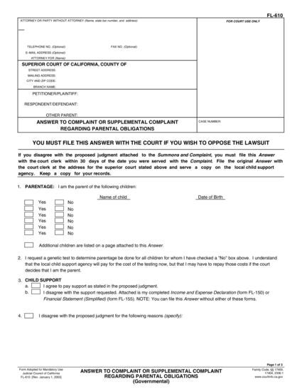 View FL-610 Answer to Complaint or Supplemental Complaint Regarding Parental Obligations (Governmental) form