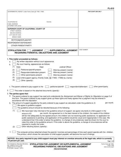 View FL-615 Stipulation for Judgment or Supplemental Judgment Regarding Parental Obligations and Judgment (Governmental) form