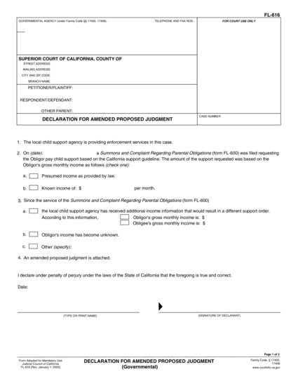 View FL-616 Declaration for Amended Proposed Judgment (Governmental) form