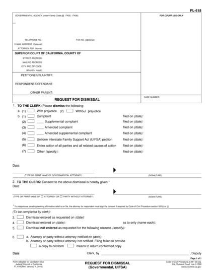 View FL-618 Request for Dismissal (Governmental, UIFSA) form