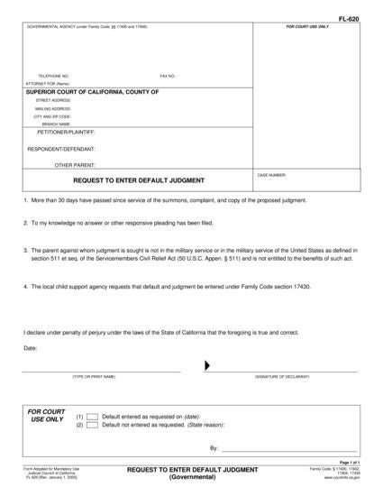 View FL-620 Request to Enter Default Judgment (Governmental) form