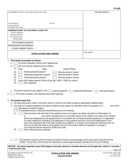 View FL-625 Stipulation and Order (Governmental) form