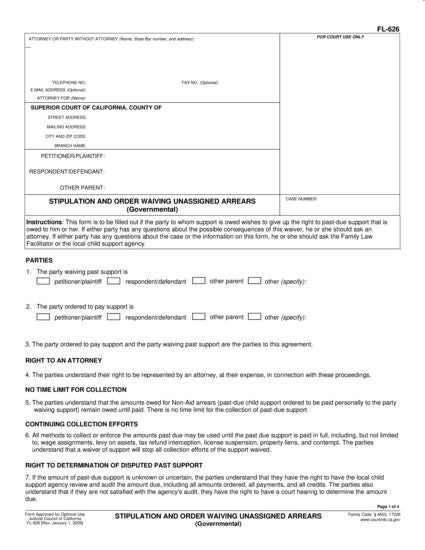 View FL-626 Stipulation and Order Waiving Unassigned Arrears (Governmental) form