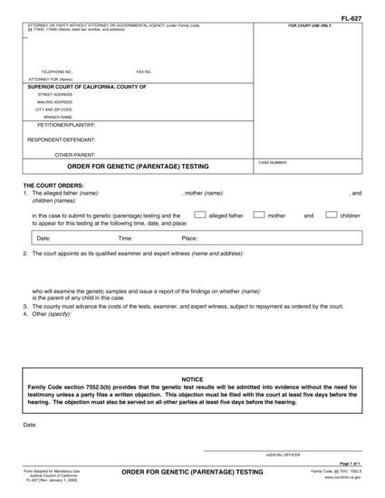 View FL-627 Order for Genetic (Parentage) Testing form