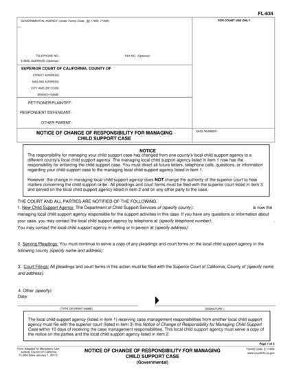 View FL-634 Notice of Change of Responsibility for Managing Child Support Case (Governmental) form