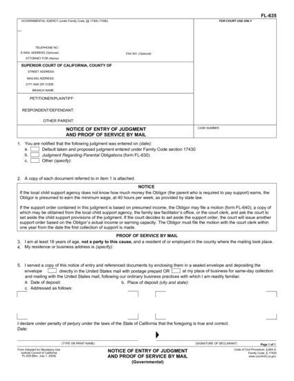 View FL-635 Notice of Entry of Judgment and Proof of Service by Mail (Governmental) form