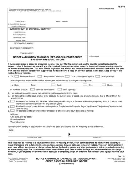 View FL-640 Notice and Motion to Cancel (Set Aside) Support Order Based on Presumed Income form