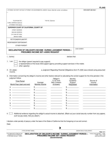 View FL-643 Declaration of Obligor's Income During Judgment Period—Presumed Income Set-Aside Request form