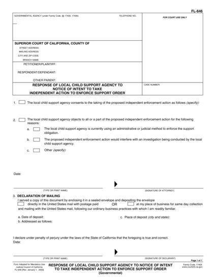 View FL-646 Response of Local Child Support Agency to Notice of Intent to Take Independent Action to Enforce Support Order (Governmental) form