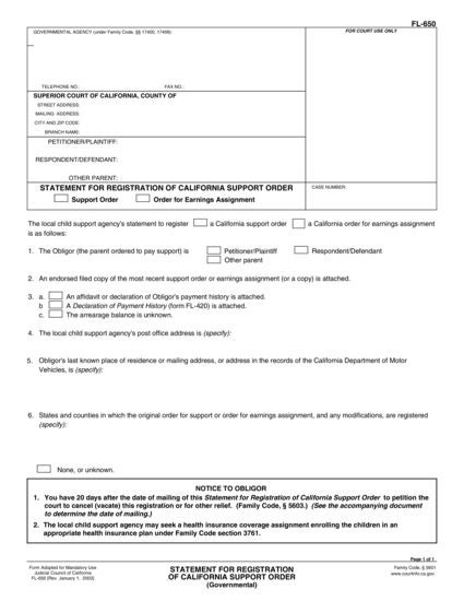 View FL-650 Statement for Registration of California Support Order (Governmental) form