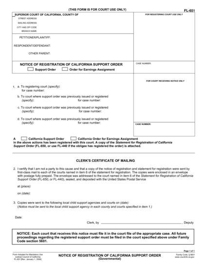 View FL-651 Notice of Registration of California Support Order (Governmental) form