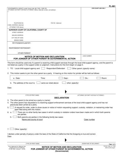 View FL-661 Notice of Motion and Declaration for Joinder of Other Parent in Governmental Action form